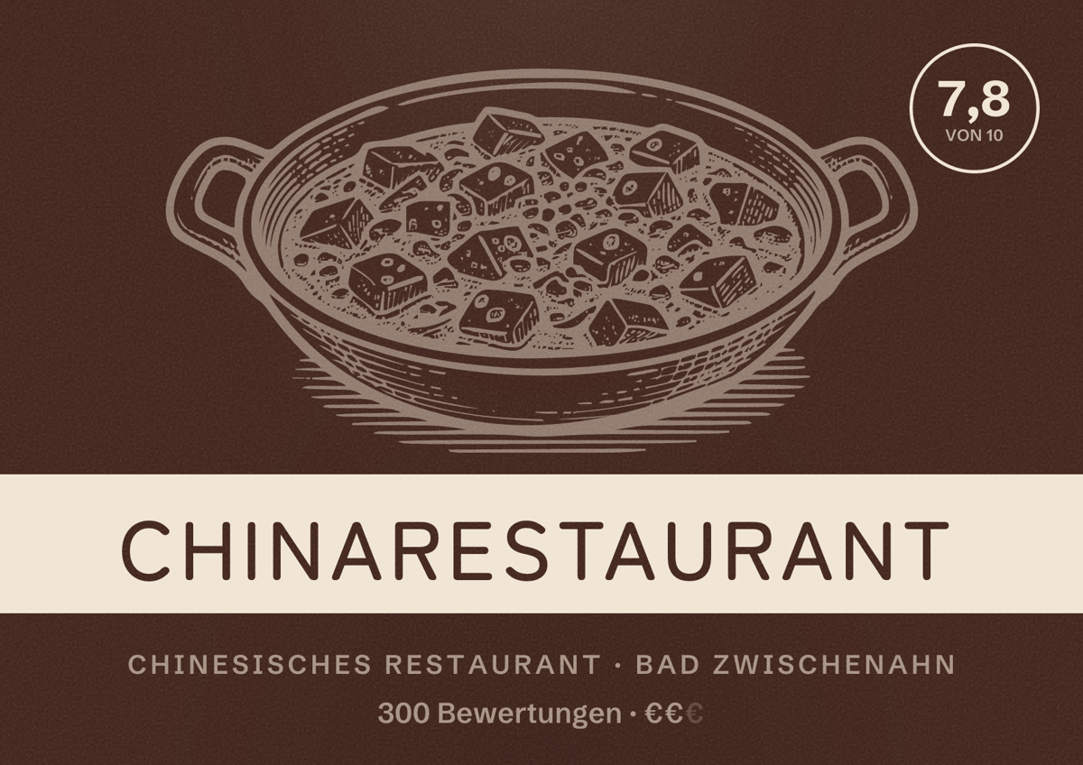 Illustriertes Poster von Chinarestaurant, Chinesisches Restaurant in Bad Zwischenahn: Bewertung 7,8 von 10 aus 300 Bewertungen, Preisniveau €€