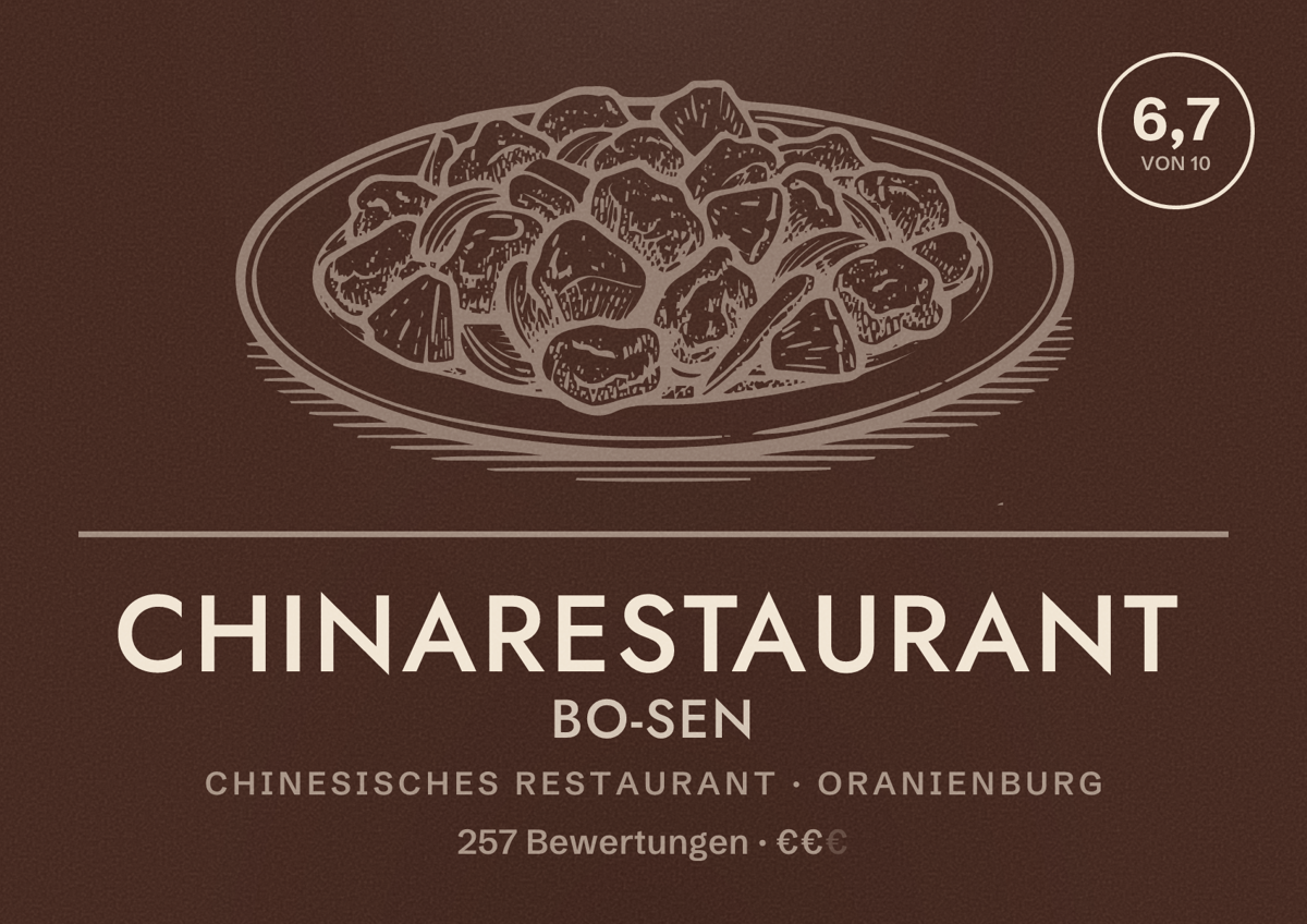 Illustriertes Poster von Chinarestaurant Bo-Sen, Chinesisches Restaurant in Oranienburg: Bewertung 6,7 von 10 aus 257 Bewertungen, Preisniveau €€