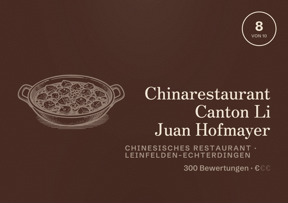 Illustriertes Poster von Chinarestaurant Canton Li Juan Hofmayer, Chinesisches Restaurant in Leinfelden-Echterdingen: Bewertung 8 von 10 aus 300 Bewertungen, Preisniveau €