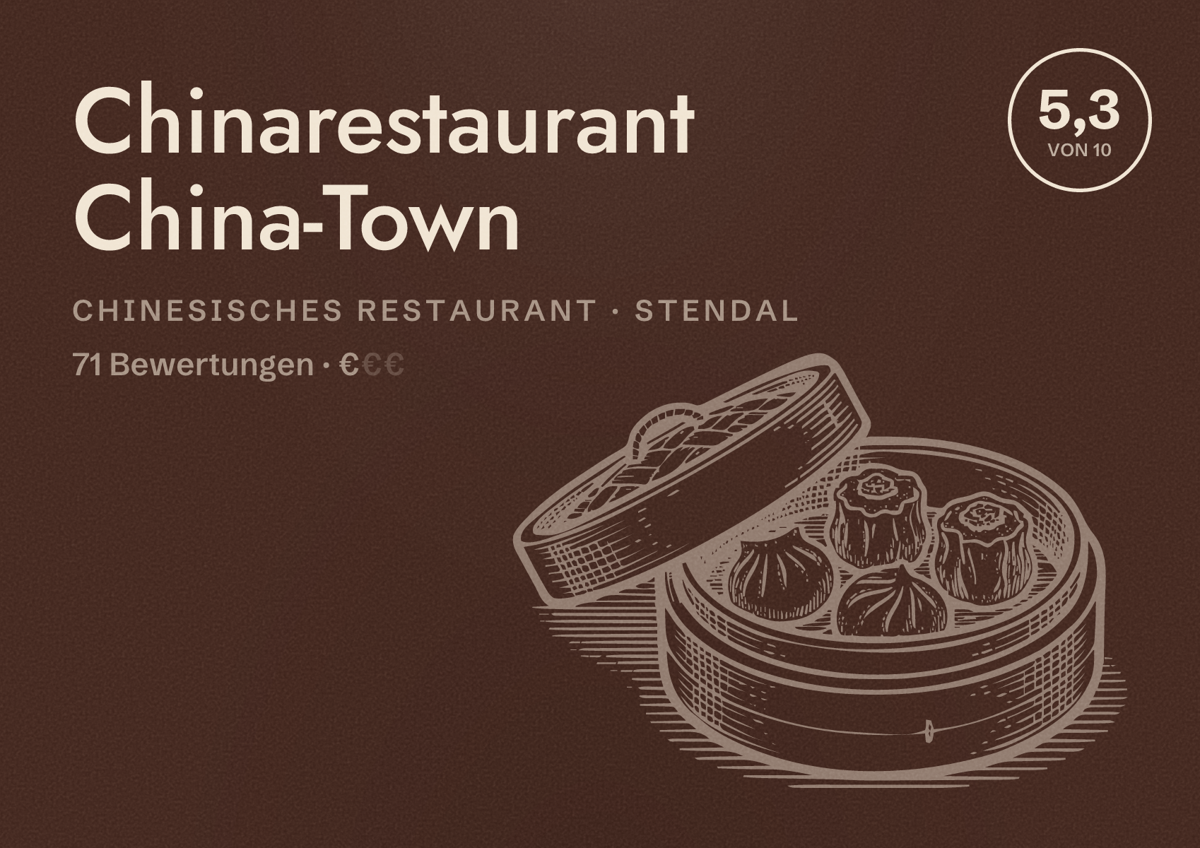 Illustriertes Poster von Chinarestaurant China-Town, Chinesisches Restaurant in Stendal: Bewertung 5,3 von 10 aus 71 Bewertungen, Preisniveau €