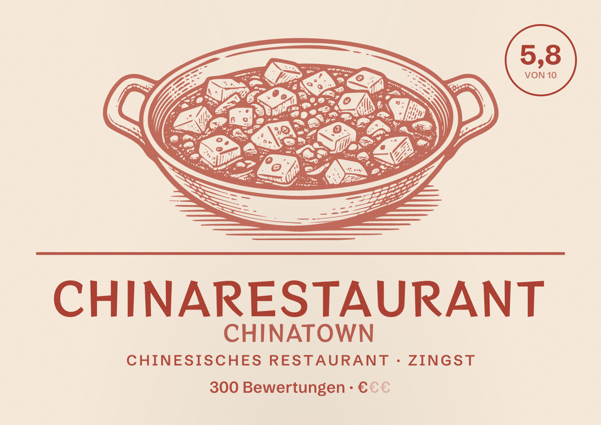 Illustriertes Poster von Chinarestaurant Chinatown, Chinesisches Restaurant in Zingst: Bewertung 5,8 von 10 aus 300 Bewertungen, Preisniveau €