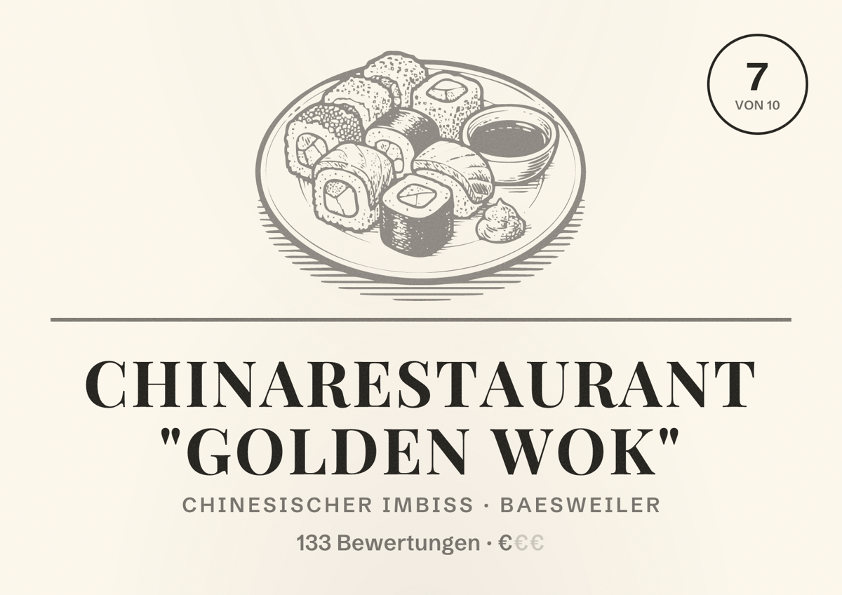 Illustriertes Poster von Chinarestaurant "Golden Wok", Chinesischer Imbiss in Baesweiler: Bewertung 7 von 10 aus 133 Bewertungen, Preisniveau €