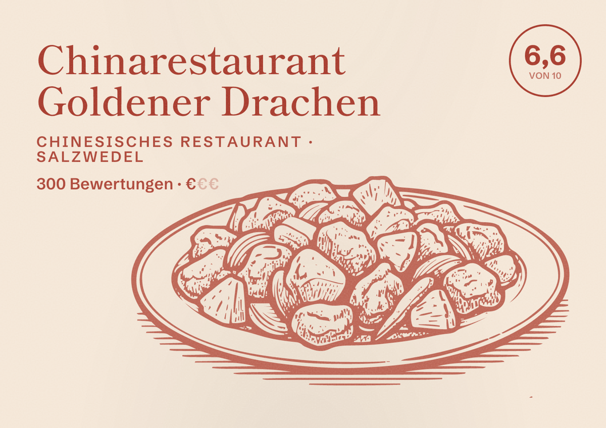 Illustriertes Poster von Chinarestaurant Goldener Drachen, Chinesisches Restaurant in Salzwedel: Bewertung 6,6 von 10 aus 300 Bewertungen, Preisniveau €