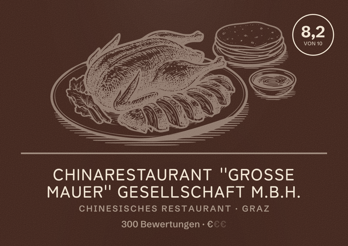 Illustriertes Poster von CHINARESTAURANT ''GROSSE MAUER'' Gesellschaft m.b.H., Chinesisches Restaurant in Graz: Bewertung 8,2 von 10 aus 300 Bewertungen, Preisniveau €