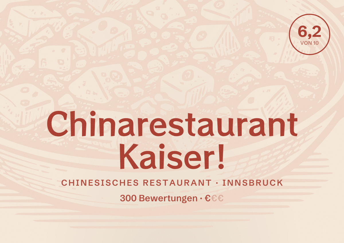 Illustriertes Poster von Chinarestaurant Kaiser!, Chinesisches Restaurant in Innsbruck: Bewertung 6,2 von 10 aus 300 Bewertungen, Preisniveau €