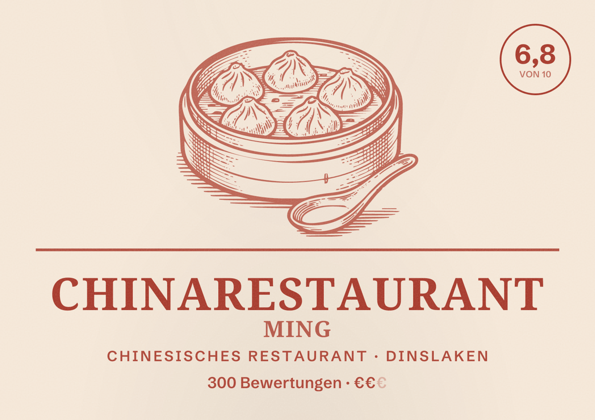 Illustriertes Poster von Chinarestaurant Ming, Chinesisches Restaurant in Dinslaken: Bewertung 6,8 von 10 aus 300 Bewertungen, Preisniveau €€