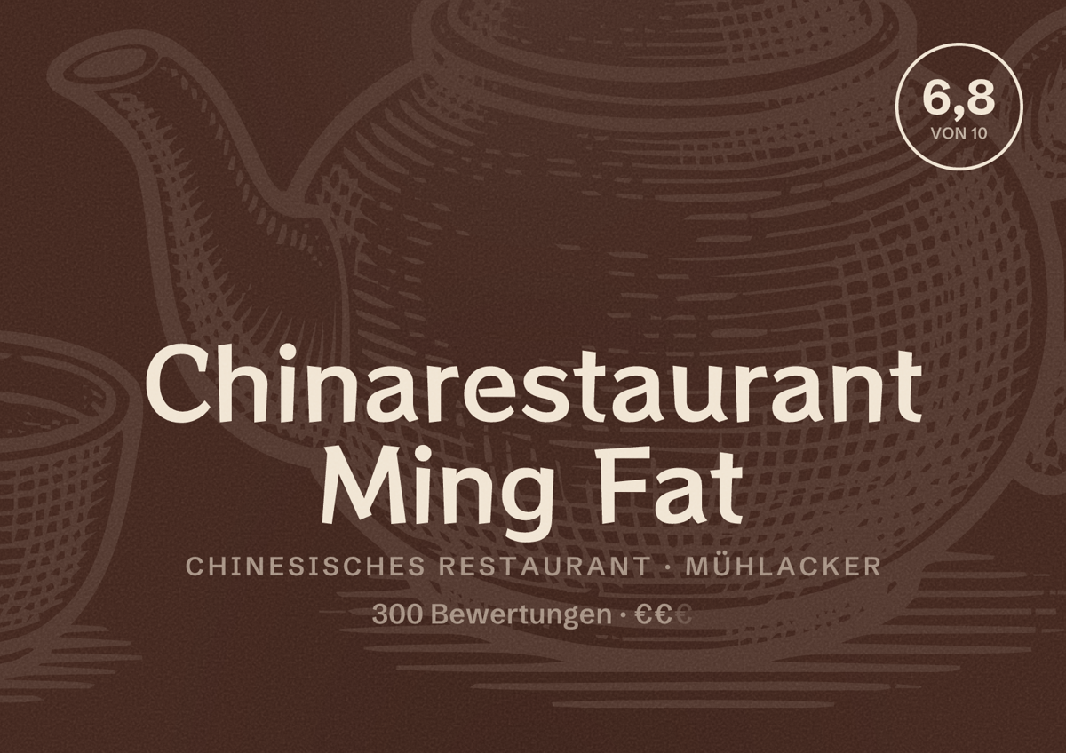 Illustriertes Poster von Chinarestaurant Ming Fat, Chinesisches Restaurant in Mühlacker: Bewertung 6,8 von 10 aus 300 Bewertungen, Preisniveau €€