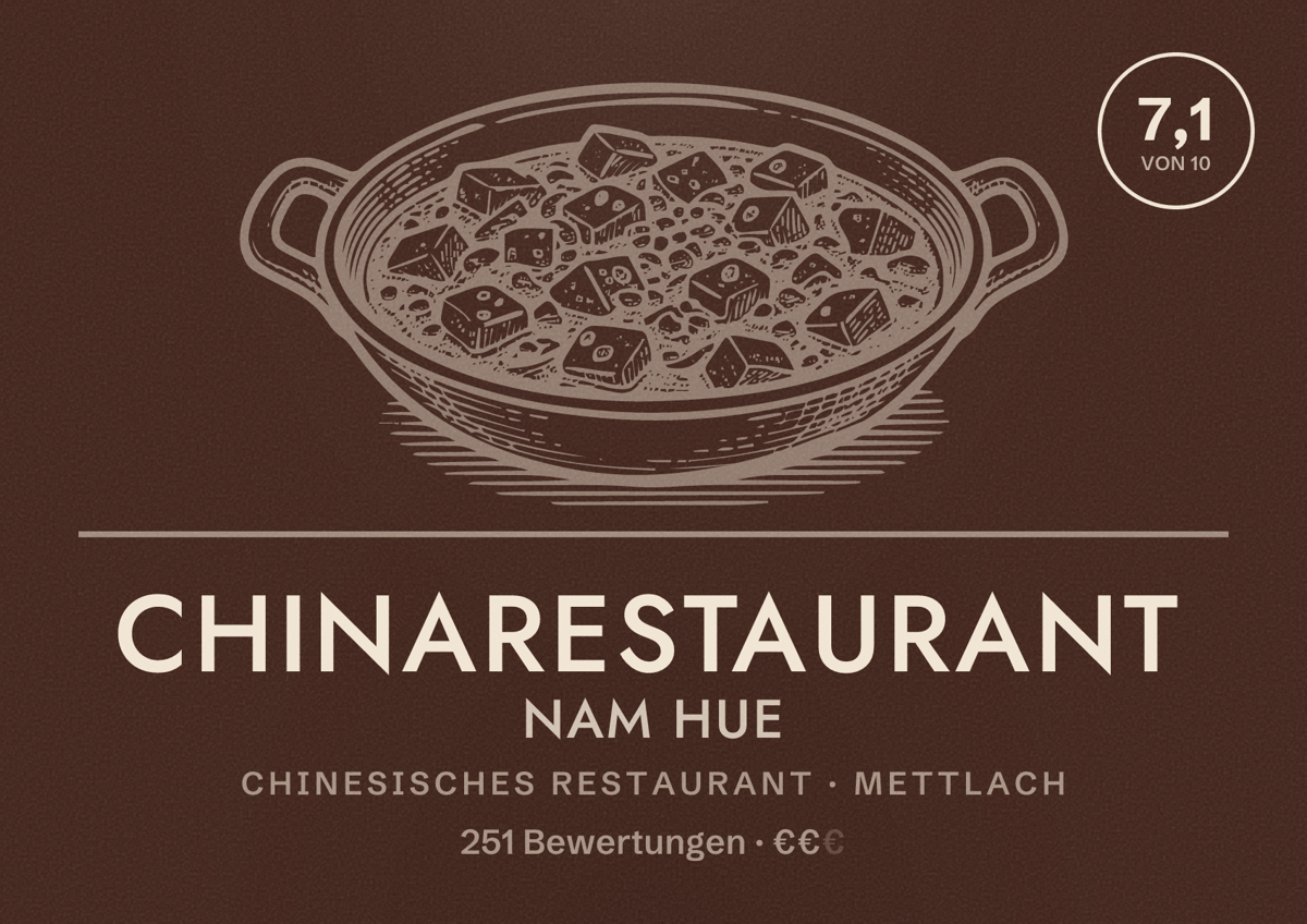 Illustriertes Poster von Chinarestaurant Nam Hue, Chinesisches Restaurant in Mettlach: Bewertung 7,1 von 10 aus 251 Bewertungen, Preisniveau €€