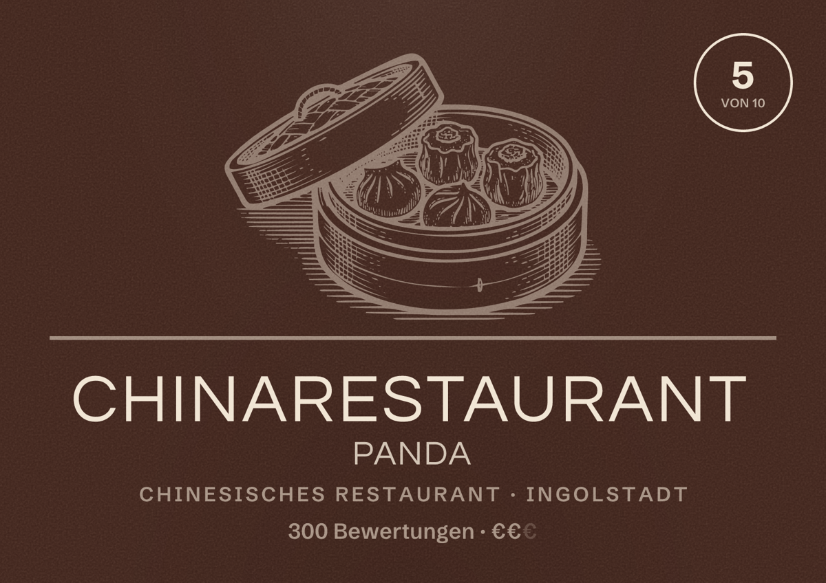 Illustriertes Poster von Chinarestaurant Panda, Chinesisches Restaurant in Ingolstadt: Bewertung 5 von 10 aus 300 Bewertungen, Preisniveau €€