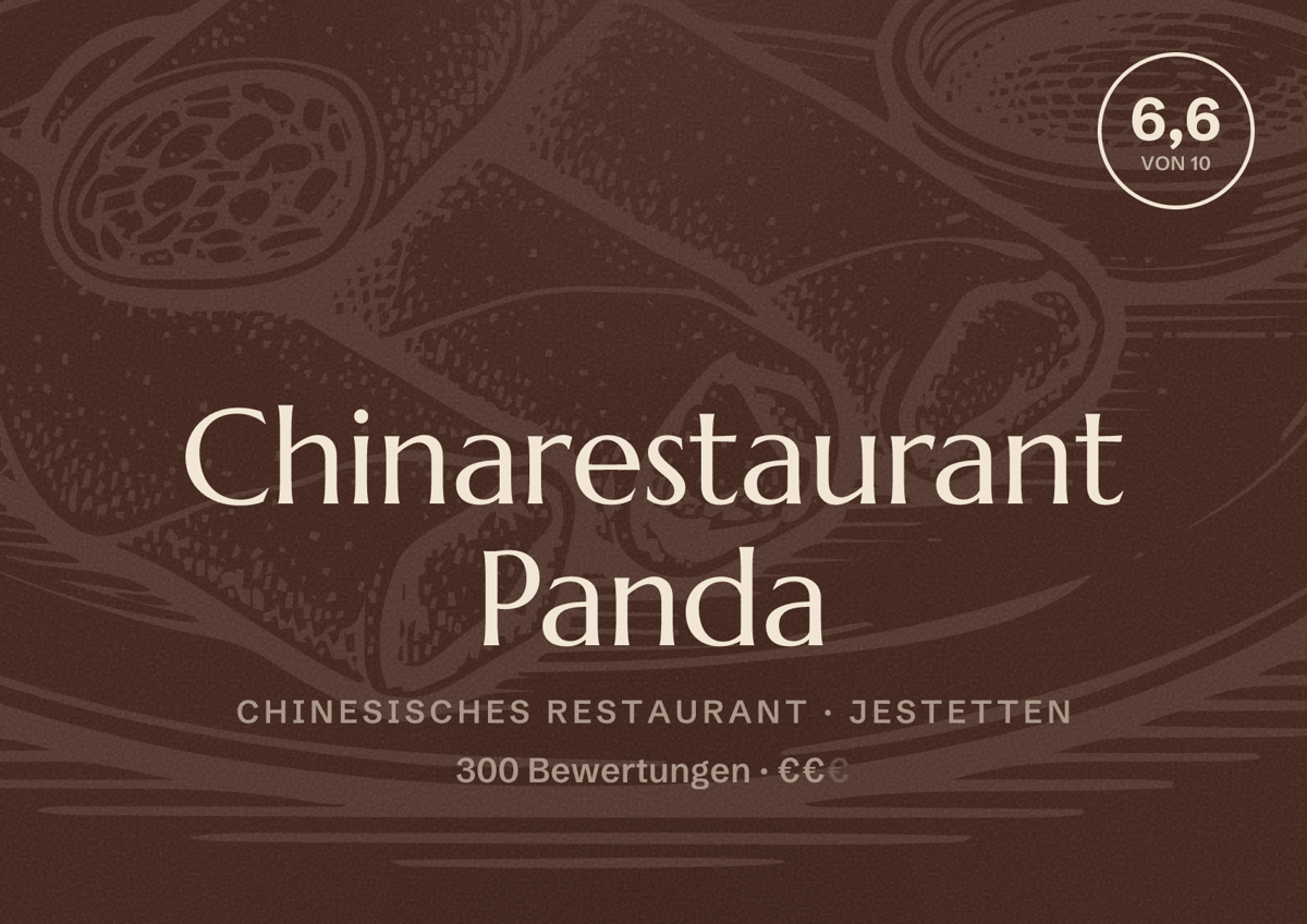 Illustriertes Poster von Chinarestaurant Panda, Chinesisches Restaurant in Jestetten: Bewertung 6,6 von 10 aus 300 Bewertungen, Preisniveau €€