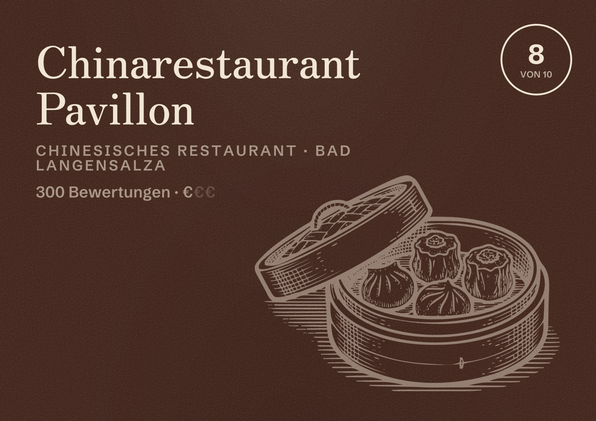 Illustriertes Poster von Chinarestaurant Pavillon, Chinesisches Restaurant in Bad Langensalza: Bewertung 8 von 10 aus 300 Bewertungen, Preisniveau €