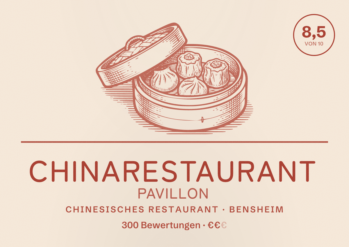 Illustriertes Poster von Chinarestaurant Pavillon, Chinesisches Restaurant in Bensheim: Bewertung 8,5 von 10 aus 300 Bewertungen, Preisniveau €€