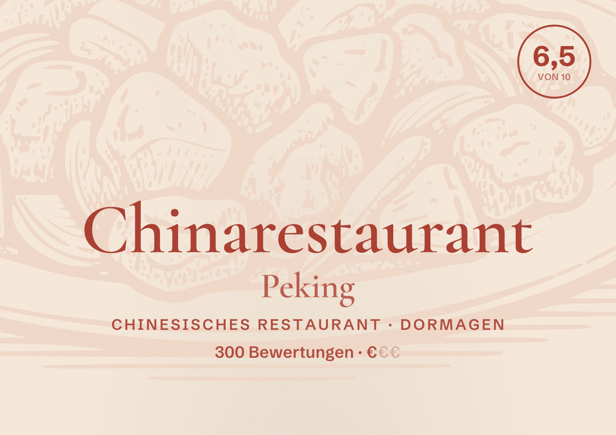 Illustriertes Poster von Chinarestaurant Peking, Chinesisches Restaurant in Dormagen: Bewertung 6,5 von 10 aus 300 Bewertungen, Preisniveau €