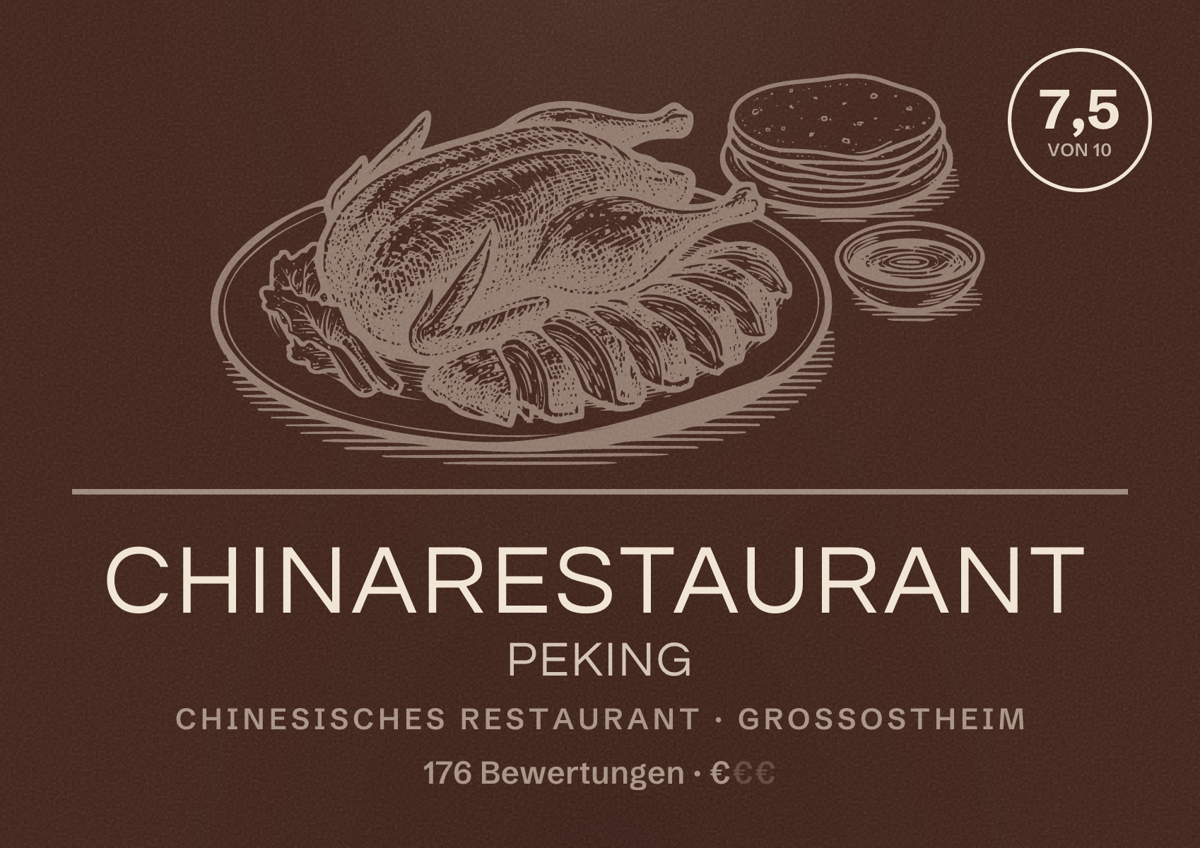 Illustriertes Poster von Chinarestaurant Peking, Chinesisches Restaurant in Großostheim: Bewertung 7,5 von 10 aus 176 Bewertungen, Preisniveau €