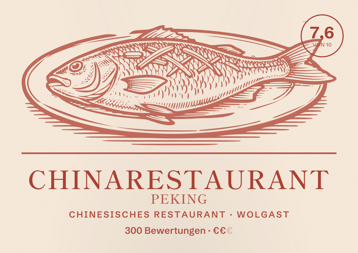 Illustriertes Poster von Chinarestaurant Peking, Chinesisches Restaurant in Wolgast: Bewertung 7,6 von 10 aus 300 Bewertungen, Preisniveau €€