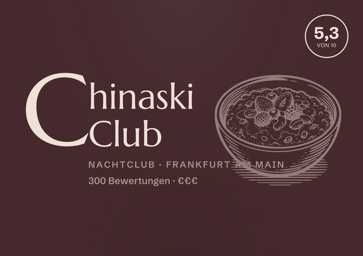 Illustriertes Poster von Chinaski Club, Nachtclub in Frankfurt am Main: Bewertung 5,3 von 10 aus 300 Bewertungen, Preisniveau €€€