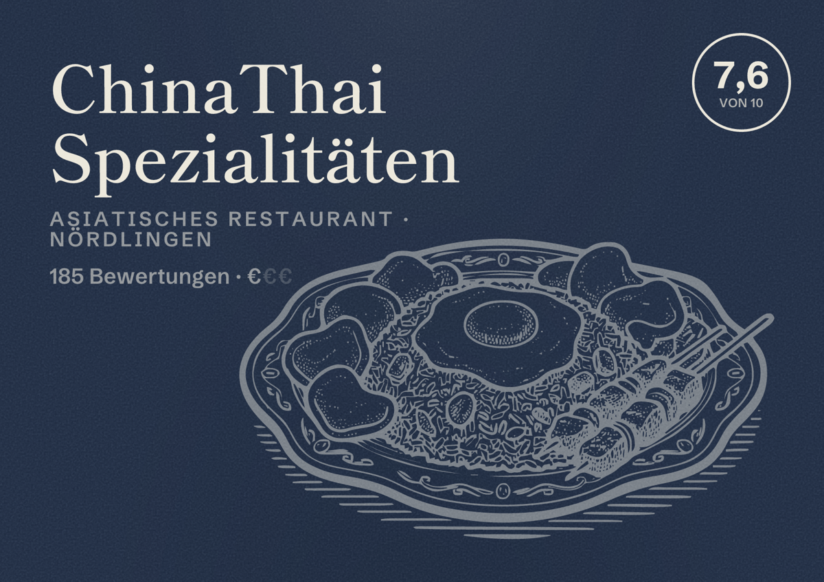 Illustriertes Poster von ChinaThai Spezialitäten, Asiatisches Restaurant in Nördlingen: Bewertung 7,6 von 10 aus 185 Bewertungen, Preisniveau €