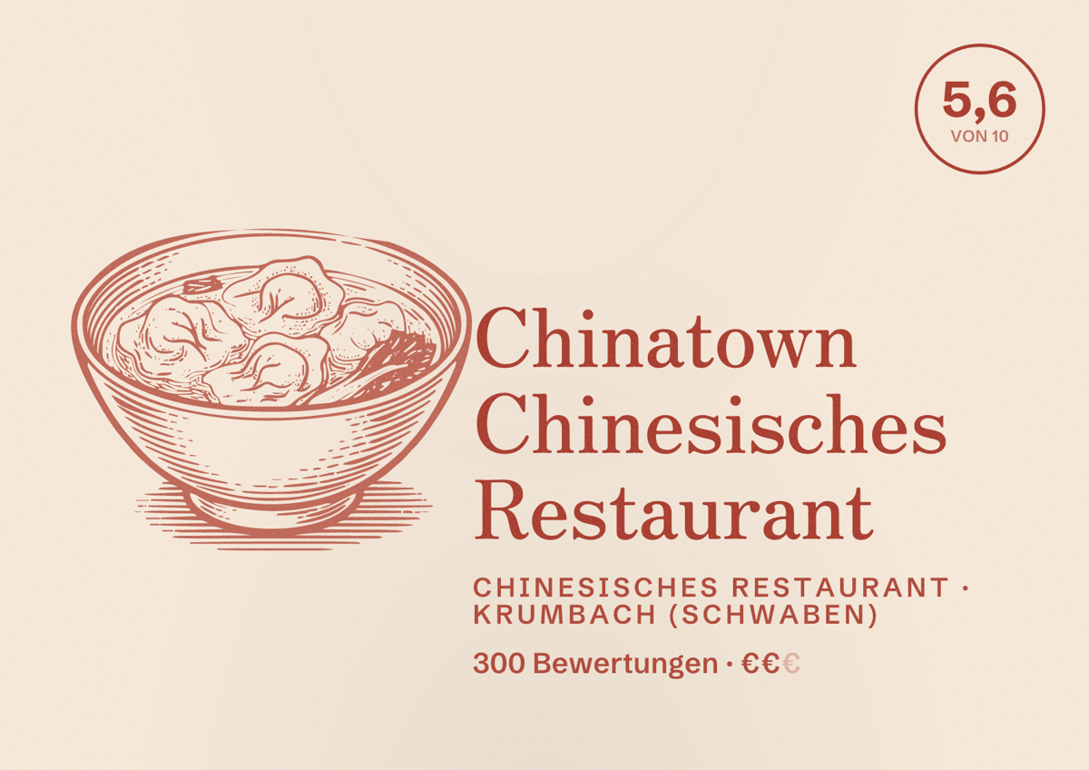 Illustriertes Poster von Chinatown Chinesisches Restaurant, Chinesisches Restaurant in Krumbach (Schwaben): Bewertung 5,6 von 10 aus 300 Bewertungen, Preisniveau €€