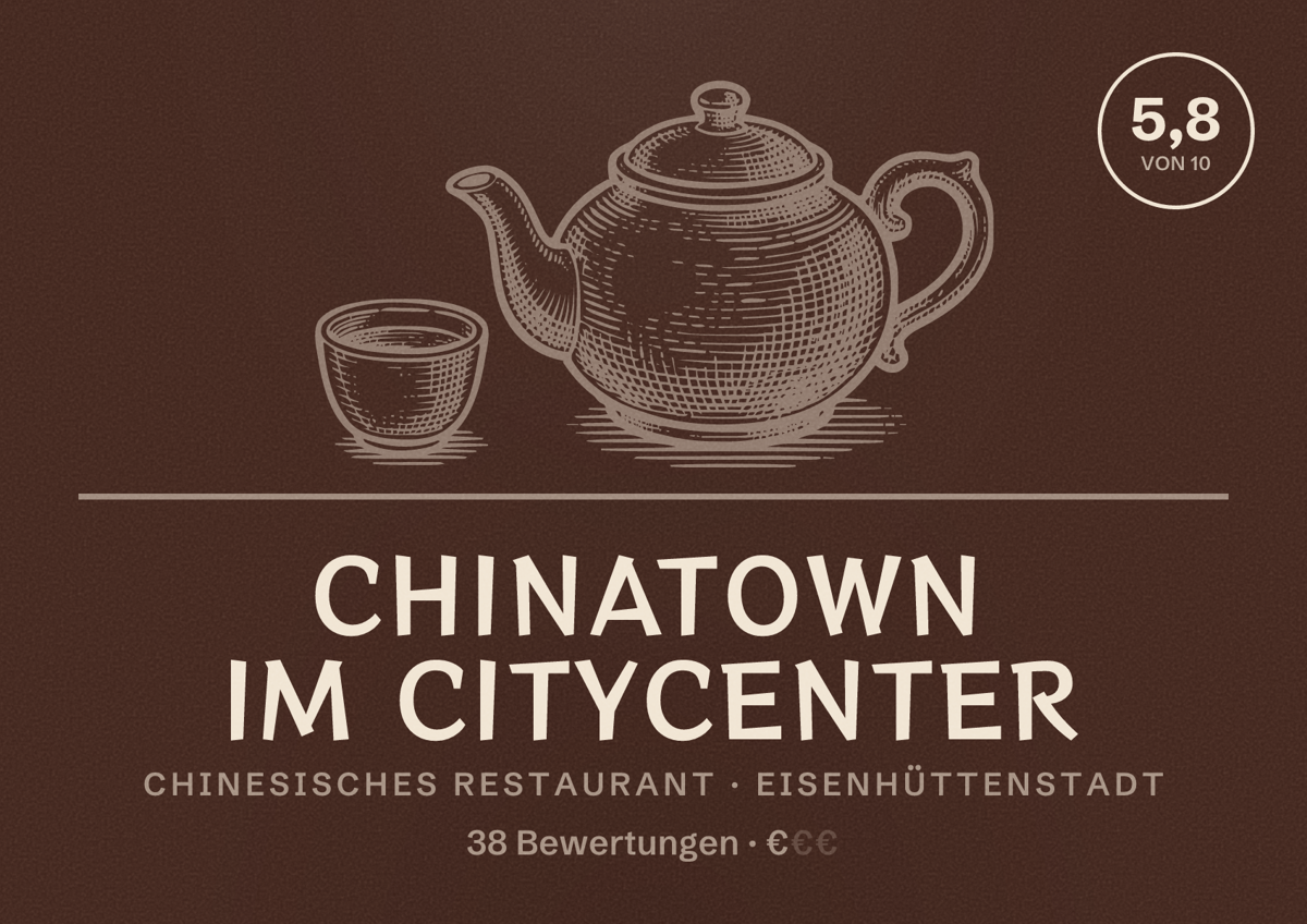 Illustriertes Poster von Chinatown Im citycenter, Chinesisches Restaurant in Eisenhüttenstadt: Bewertung 5,8 von 10 aus 38 Bewertungen, Preisniveau €