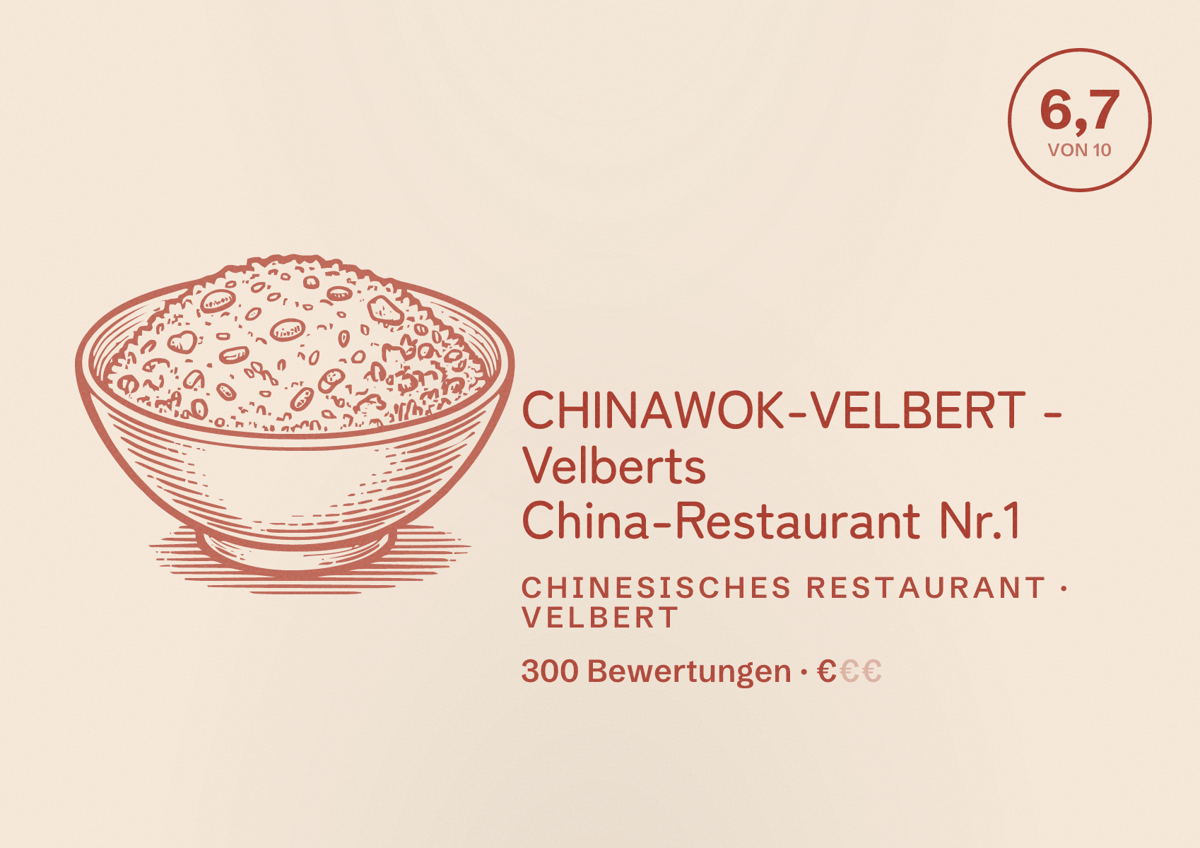 Illustriertes Poster von CHINAWOK-VELBERT - Velberts China-Restaurant Nr.1, Chinesisches Restaurant in Velbert: Bewertung 6,7 von 10 aus 300 Bewertungen, Preisniveau €