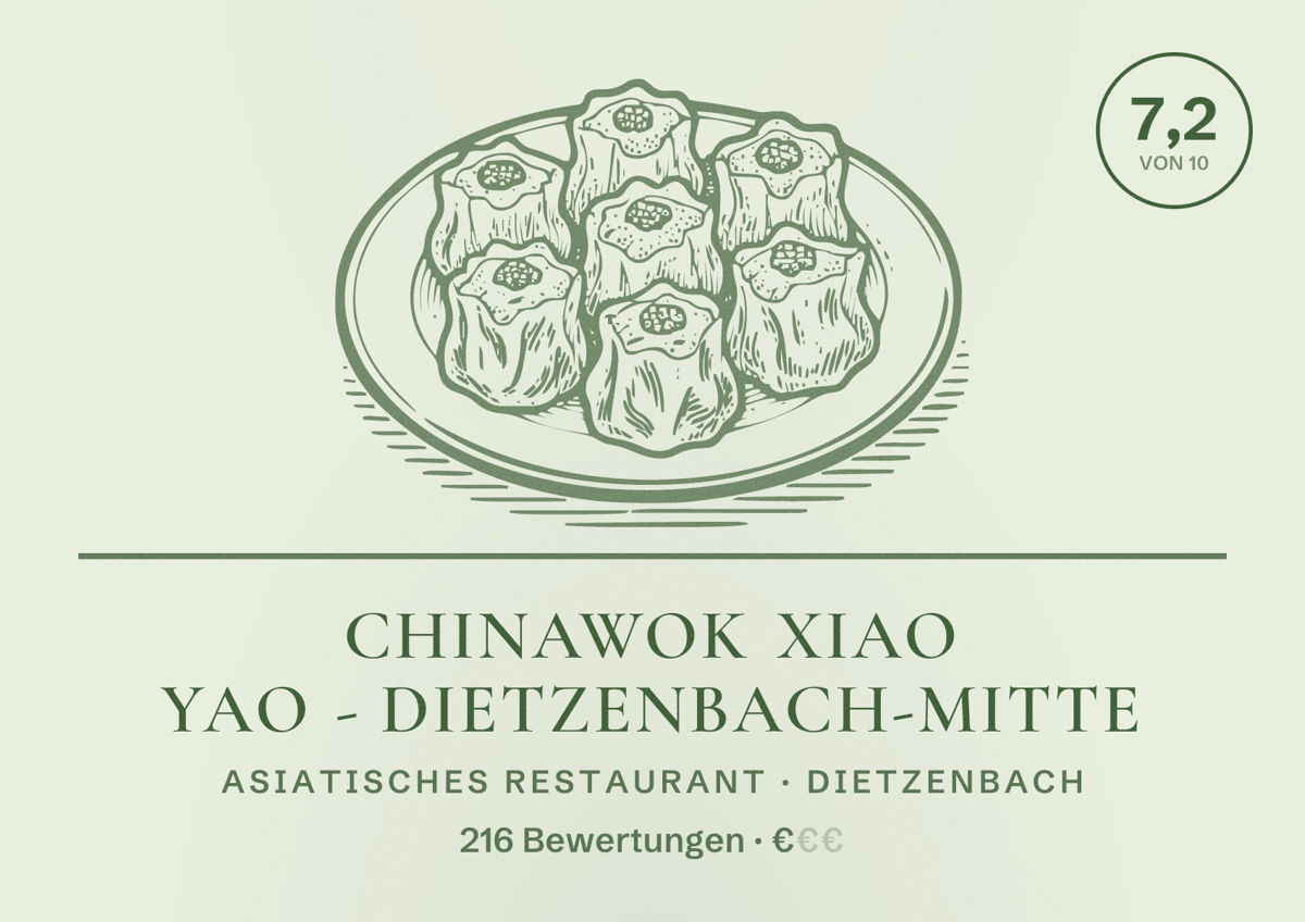 Illustriertes Poster von Chinawok Xiao Yao - Dietzenbach-Mitte, Asiatisches Restaurant in Dietzenbach: Bewertung 7,2 von 10 aus 216 Bewertungen, Preisniveau €