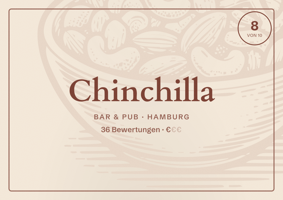 Illustriertes Poster von Chinchilla, Bar & Pub in Hamburg: Bewertung 8 von 10 aus 36 Bewertungen, Preisniveau €