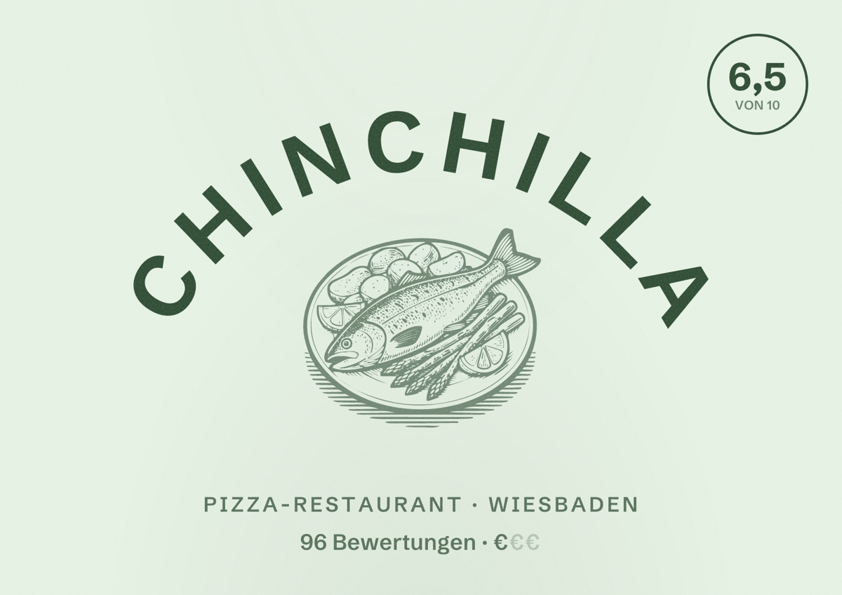 Illustriertes Poster von Chinchilla, Pizza-Restaurant in Wiesbaden: Bewertung 6,5 von 10 aus 96 Bewertungen, Preisniveau €