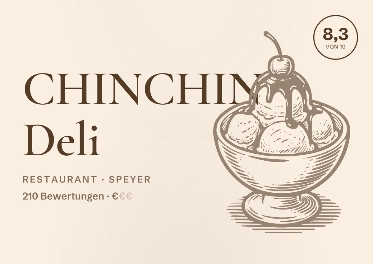 Illustriertes Poster von CHINCHIN Deli, Restaurant in Speyer: Bewertung 8,3 von 10 aus 210 Bewertungen, Preisniveau €