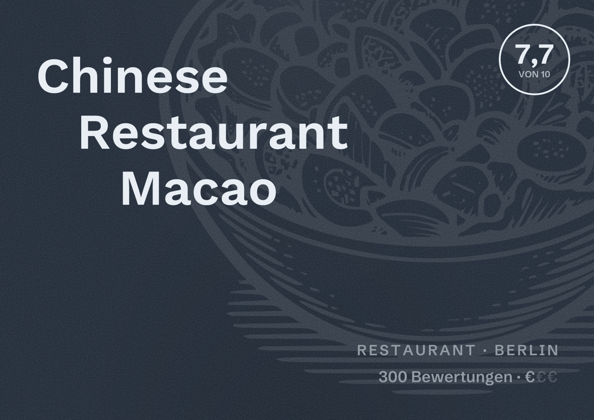 Illustriertes Poster von Chinese Restaurant Macao, Restaurant in Berlin: Bewertung 7,7 von 10 aus 300 Bewertungen, Preisniveau €