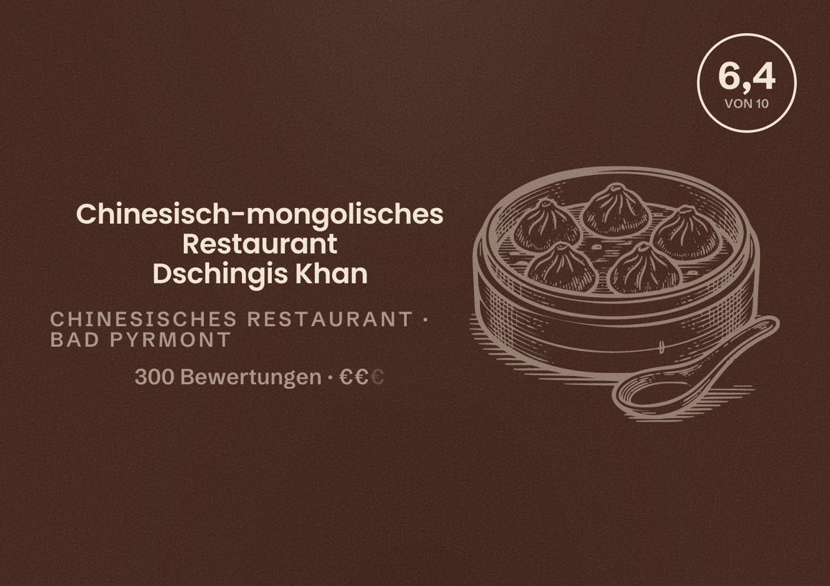 Illustriertes Poster von Chinesisch-mongolisches Restaurant Dschingis Khan, Chinesisches Restaurant in Bad Pyrmont: Bewertung 6,4 von 10 aus 300 Bewertungen, Preisniveau €€