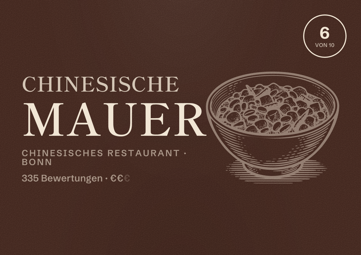 Illustriertes Poster von Chinesische Mauer, Chinesisches Restaurant in Bonn: Bewertung 6 von 10 aus 335 Bewertungen, Preisniveau €€