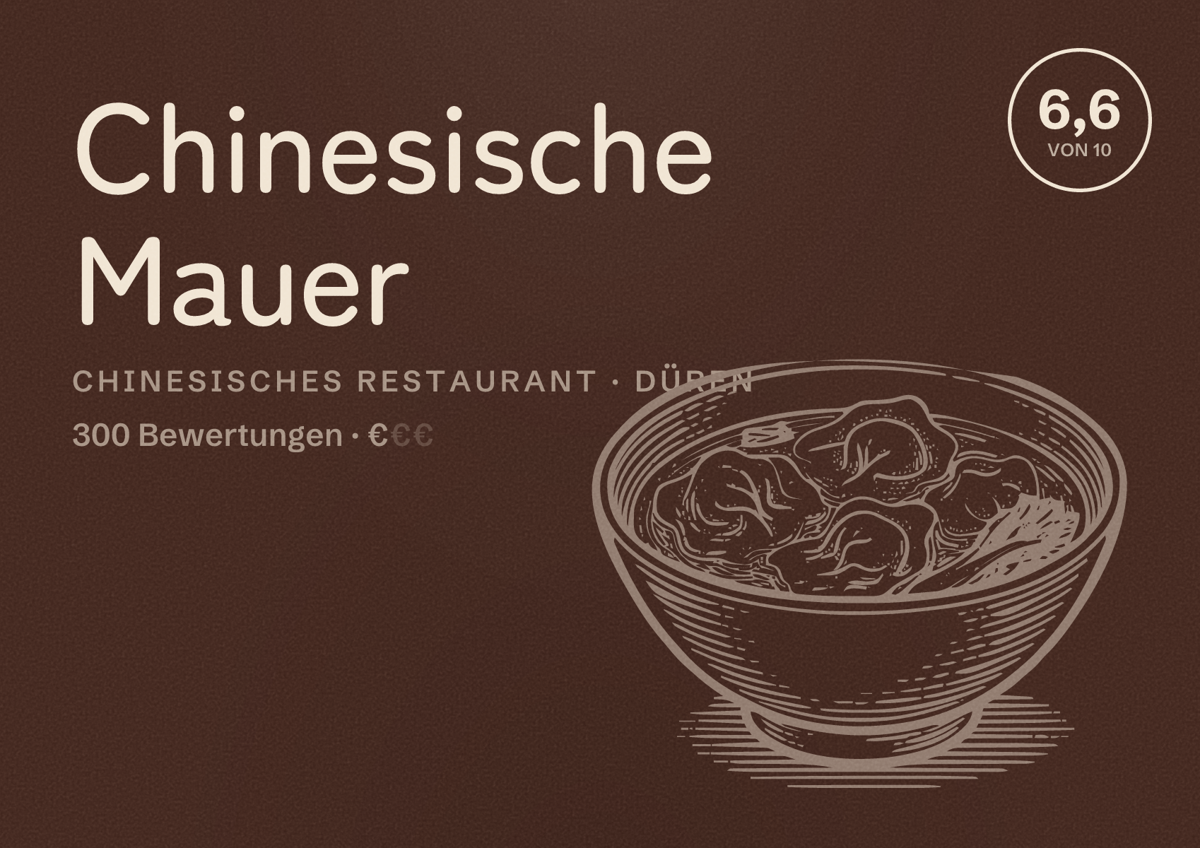 Illustriertes Poster von Chinesische Mauer, Chinesisches Restaurant in Düren: Bewertung 6,6 von 10 aus 300 Bewertungen, Preisniveau €
