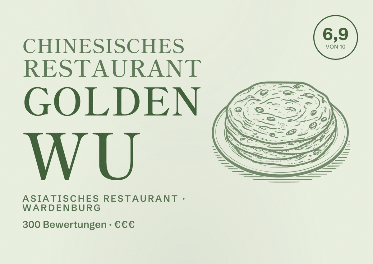 Illustriertes Poster von Chinesisches Restaurant Golden Wu, Asiatisches Restaurant in Wardenburg: Bewertung 6,9 von 10 aus 300 Bewertungen, Preisniveau €€€