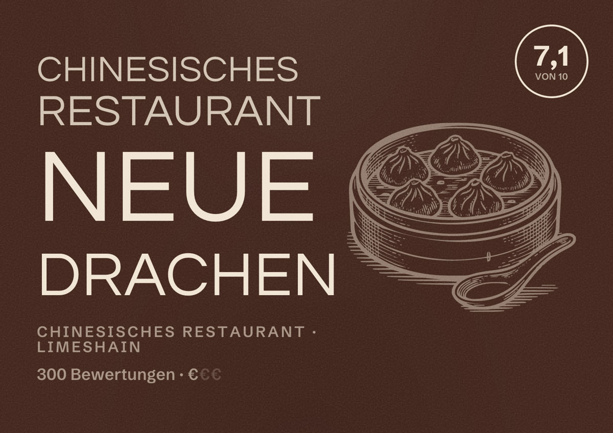 Illustriertes Poster von Chinesisches Restaurant Neue Drachen, Chinesisches Restaurant in Limeshain: Bewertung 7,1 von 10 aus 300 Bewertungen, Preisniveau €