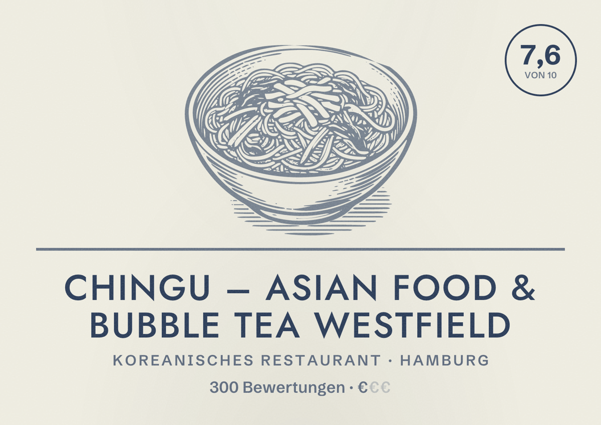 Illustriertes Poster von Chingu – Asian Food & Bubble Tea Westfield, Koreanisches Restaurant in Hamburg: Bewertung 7,6 von 10 aus 300 Bewertungen, Preisniveau €
