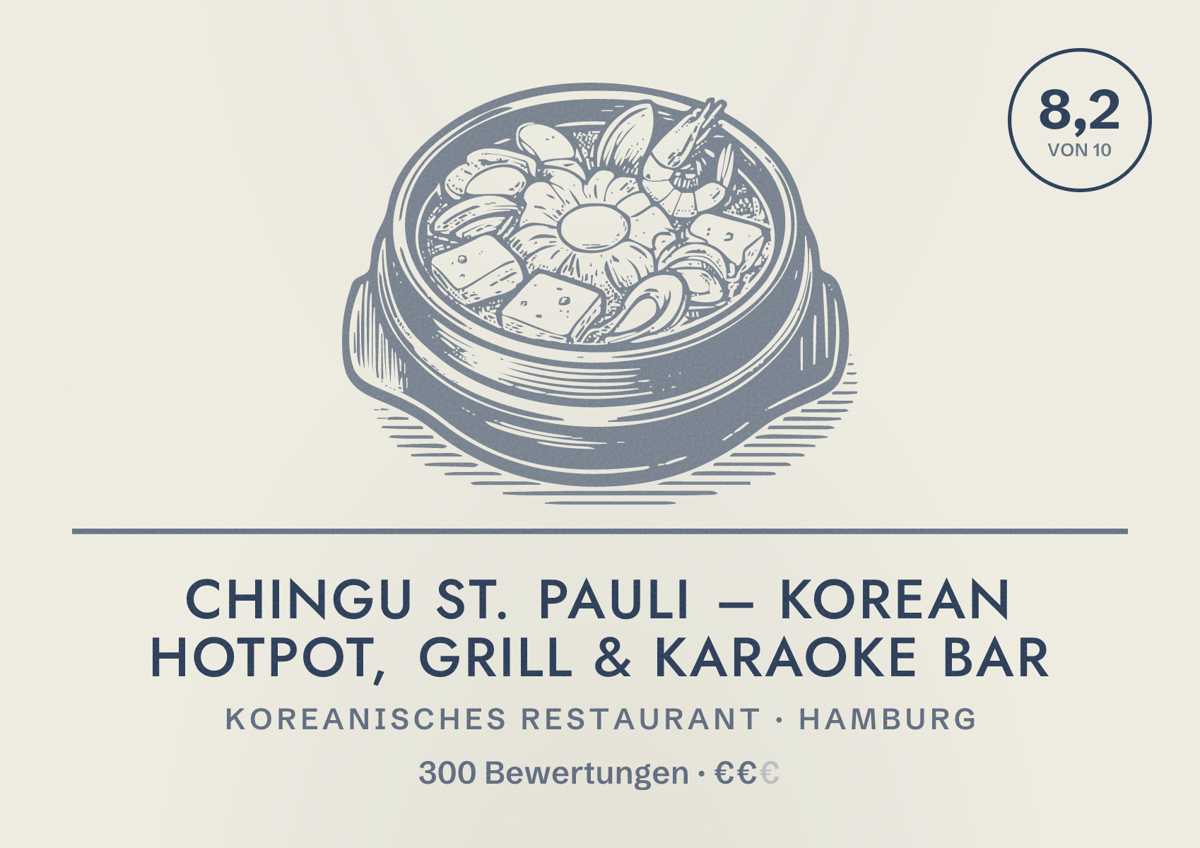 Illustriertes Poster von Chingu St. Pauli – Korean Hotpot, Grill & Karaoke Bar, Koreanisches Restaurant in Hamburg: Bewertung 8,2 von 10 aus 300 Bewertungen, Preisniveau €€