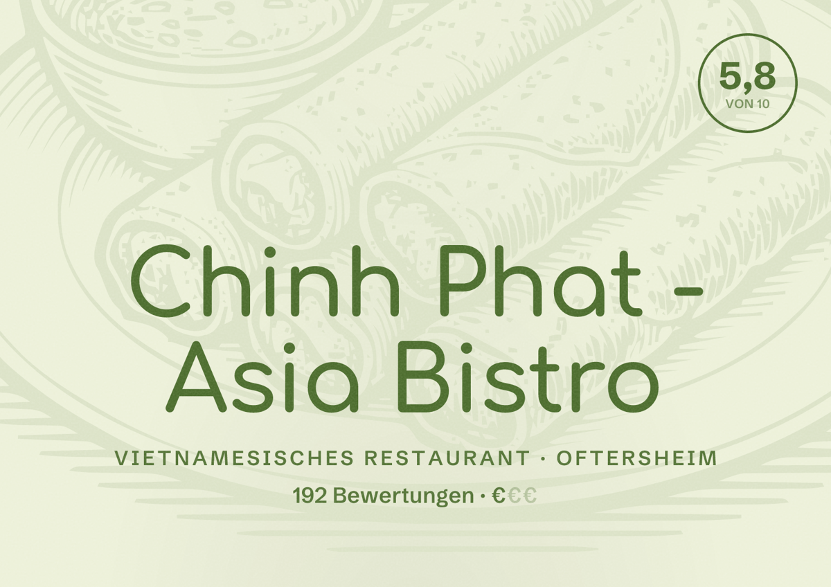 Illustriertes Poster von Chinh Phat - Asia Bistro, Vietnamesisches Restaurant in Oftersheim: Bewertung 5,8 von 10 aus 192 Bewertungen, Preisniveau €