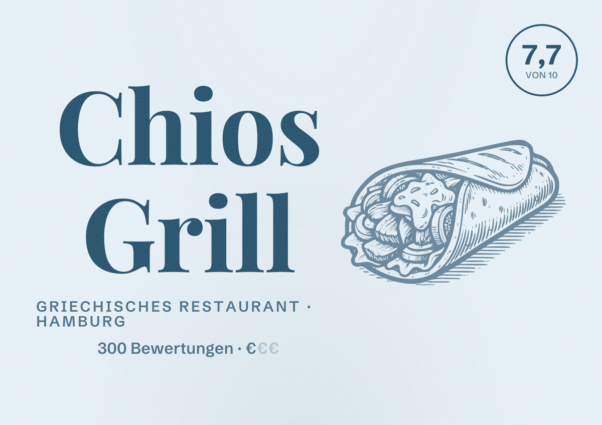 Illustriertes Poster von Chios Grill, Griechisches Restaurant in Hamburg: Bewertung 7,7 von 10 aus 300 Bewertungen, Preisniveau €