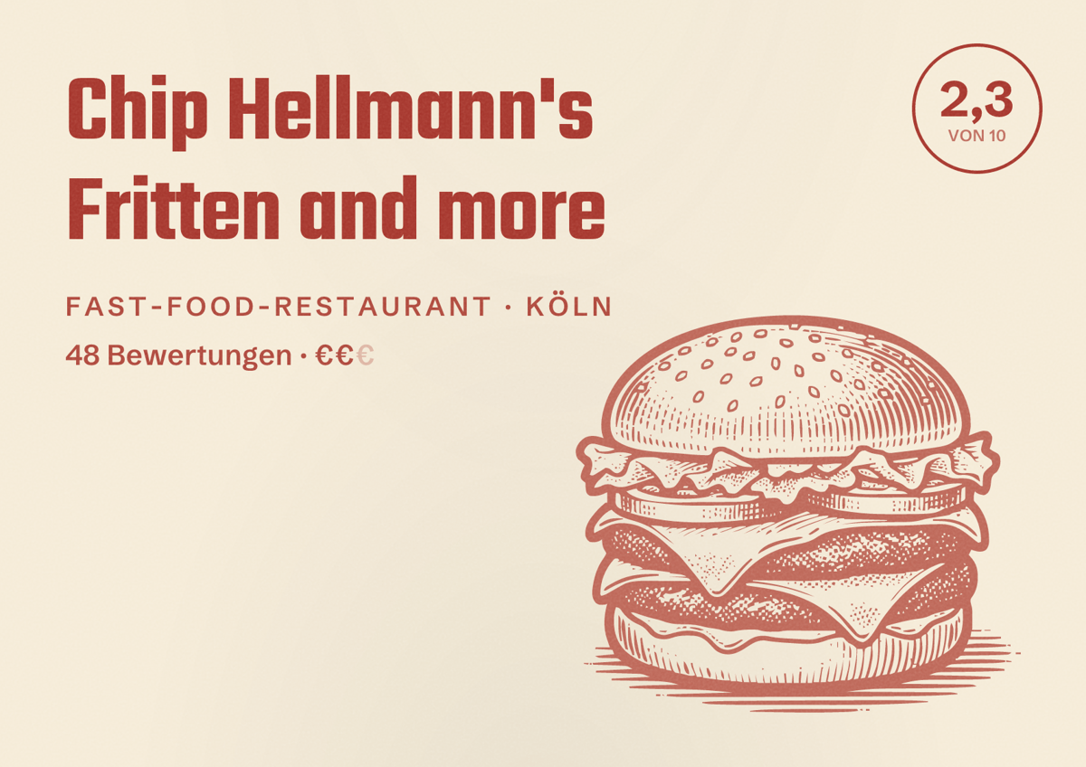 Illustriertes Poster von Chip Hellmann's Fritten and more, Fast-Food-Restaurant in Köln: Bewertung 2,3 von 10 aus 48 Bewertungen, Preisniveau €€