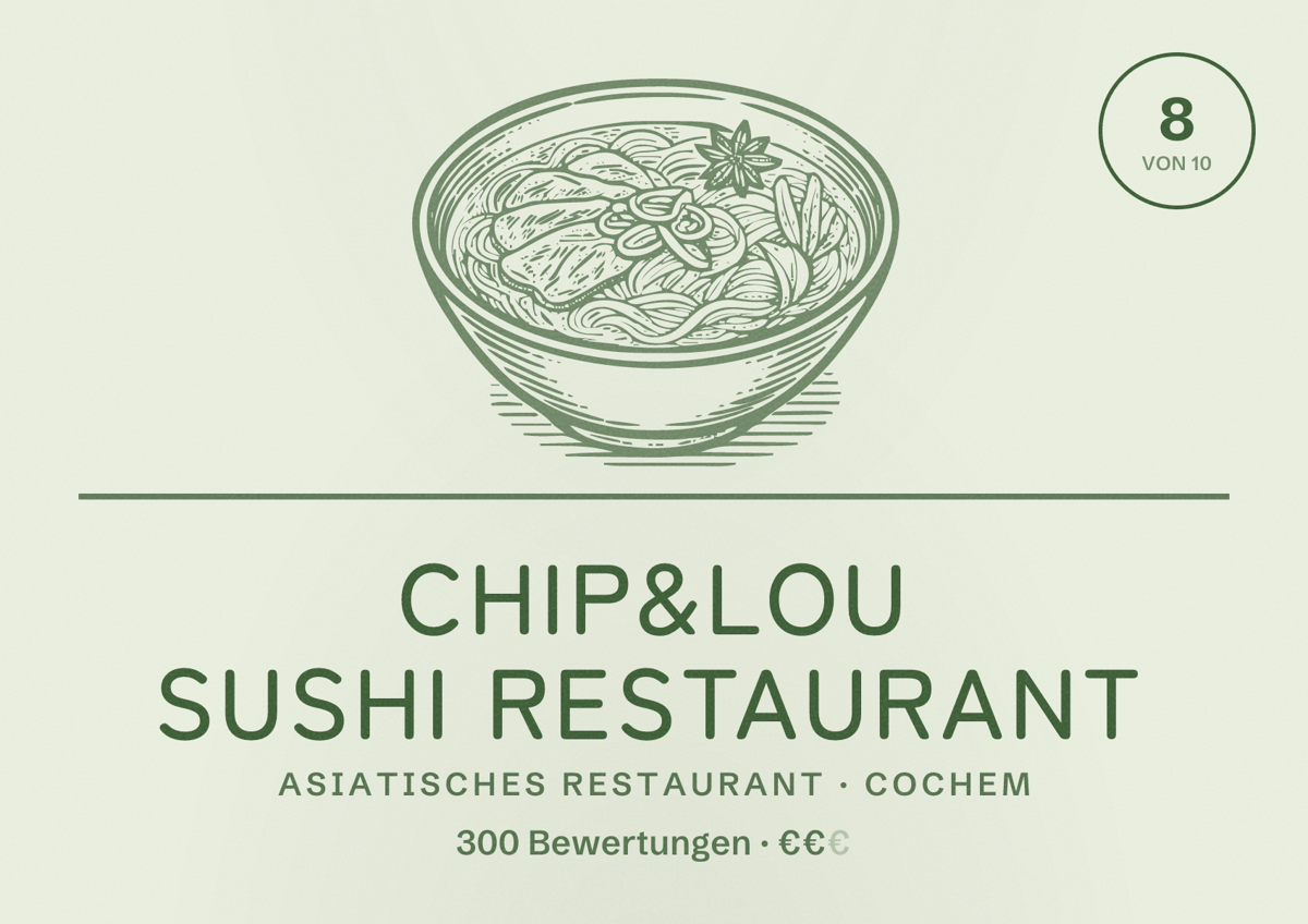 Illustriertes Poster von Chip&Lou Sushi Restaurant, Asiatisches Restaurant in Cochem: Bewertung 8 von 10 aus 300 Bewertungen, Preisniveau €€