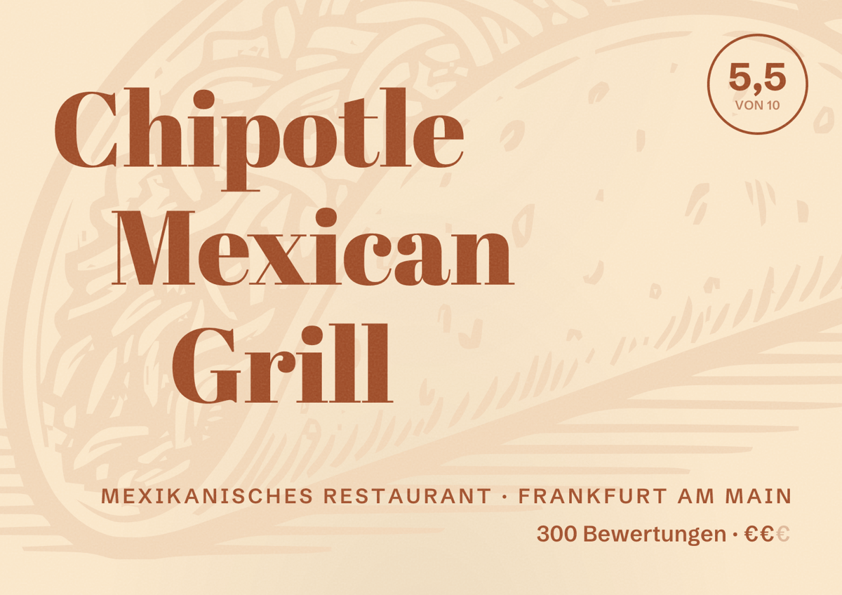 Illustriertes Poster von Chipotle Mexican Grill, Mexikanisches Restaurant in Frankfurt am Main: Bewertung 5,5 von 10 aus 300 Bewertungen, Preisniveau €€