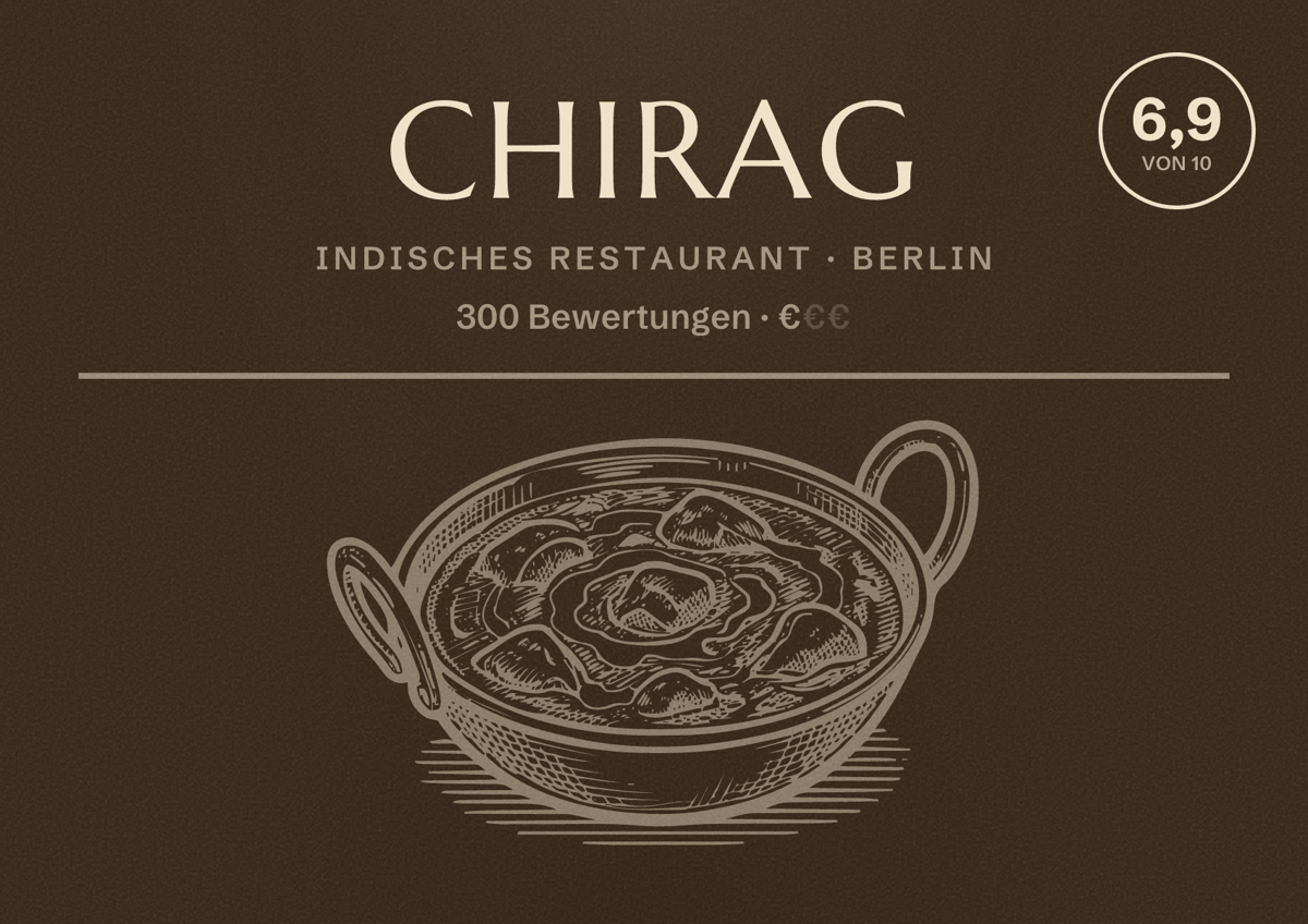 Illustriertes Poster von Chirag, Indisches Restaurant in Berlin: Bewertung 6,9 von 10 aus 300 Bewertungen, Preisniveau €