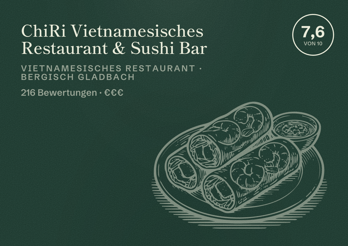 Illustriertes Poster von ChiRi Vietnamesisches Restaurant & Sushi Bar, Vietnamesisches Restaurant in Bergisch Gladbach: Bewertung 7,6 von 10 aus 216 Bewertungen, Preisniveau €€€