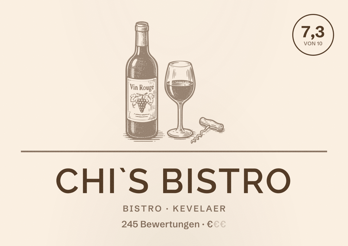 Illustriertes Poster von Chi`s Bistro, Bistro in Kevelaer: Bewertung 7,3 von 10 aus 245 Bewertungen, Preisniveau €