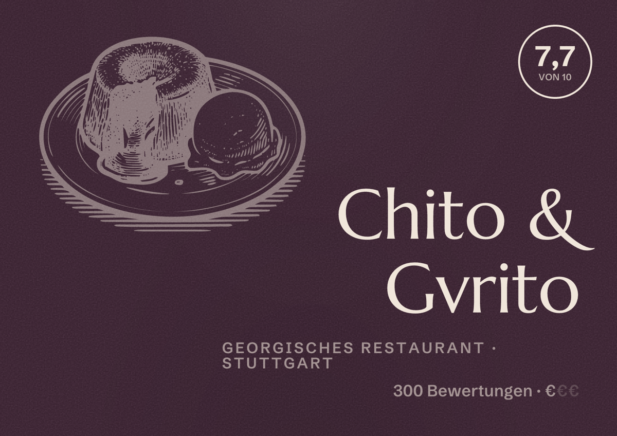Illustriertes Poster von Chito & Gvrito, Georgisches Restaurant in Stuttgart: Bewertung 7,7 von 10 aus 300 Bewertungen, Preisniveau €