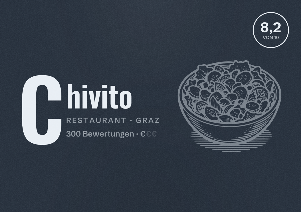 Illustriertes Poster von Chivito, Restaurant in Graz: Bewertung 8,2 von 10 aus 300 Bewertungen, Preisniveau €
