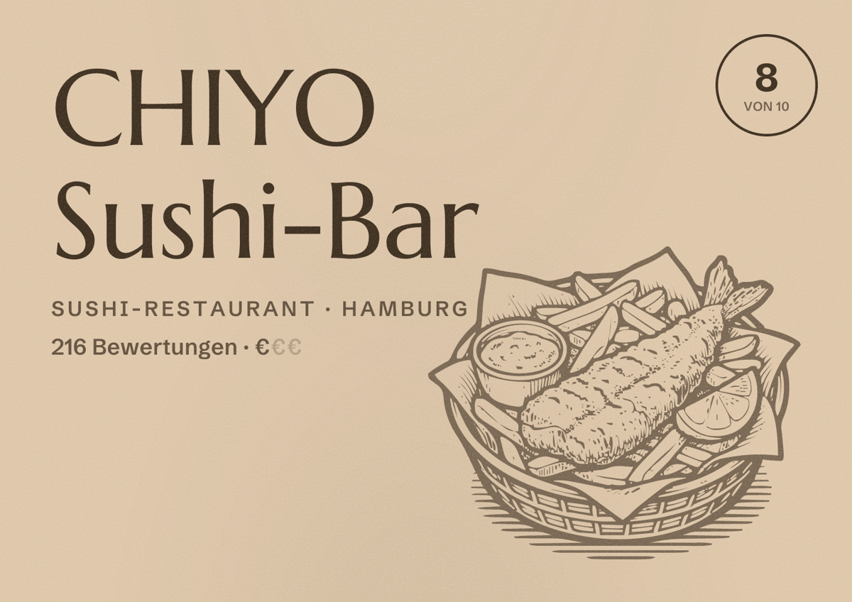 Illustriertes Poster von CHIYO Sushi-Bar, Sushi-Restaurant in Hamburg: Bewertung 8,0 von 10 aus 216 Bewertungen, Preisniveau €