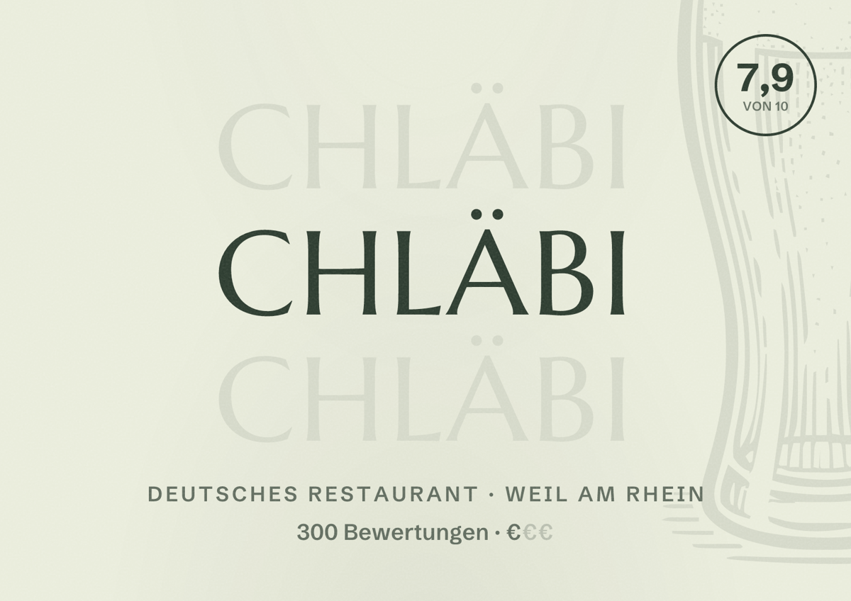 Illustriertes Poster von Chläbi, Deutsches Restaurant in Weil am Rhein: Bewertung 7,9 von 10 aus 300 Bewertungen, Preisniveau €