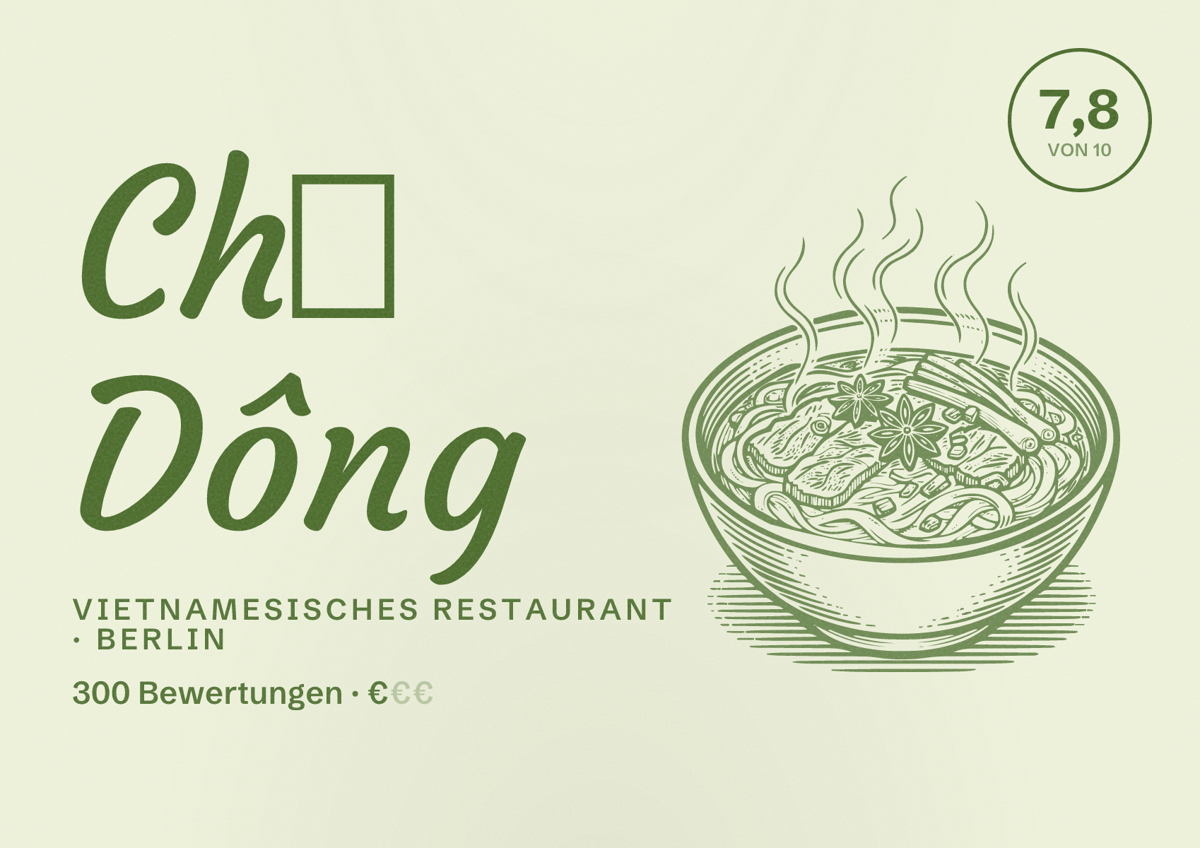 Illustriertes Poster von Chợ Dông, Vietnamesisches Restaurant in Berlin: Bewertung 7,8 von 10 aus 300 Bewertungen, Preisniveau €