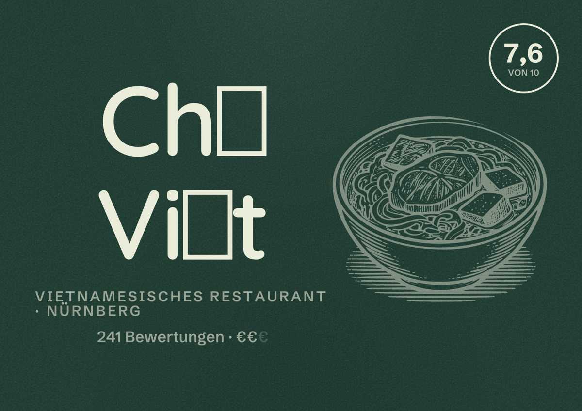 Illustriertes Poster von Chợ Việt, Vietnamesisches Restaurant in Nürnberg: Bewertung 7,6 von 10 aus 241 Bewertungen, Preisniveau €€